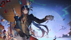 Rule 34 | 1boy, 2girls, absurdres, architecture, arm up, black jacket, black shorts, blade (honkai: star rail), blue hair, blue jacket, blue sky, chinese commentary, commentary request, cowboy shot, cropped jacket, drill hair, east asian architecture, facing away, fog, frown, gradient hair, grey hair, hair over one eye, hand on own hip, high-waist shorts, highres, holding, holding sword, holding weapon, honkai: star rail, honkai (series), jacket, kafka (honkai: star rail), lantern, long hair, multicolored hair, multiple girls, outdoors, outstretched hand, paw print, ponytail, purple hair, red eyes, red hair, shirt, shorts, silver wolf (honkai: star rail), sky, spacecraft, spade-m, sword, weapon, white shirt, yellow shirt