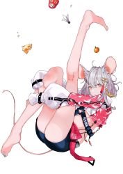 Rule 34 | 1girl, absurdres, ahoge, animal ears, ass, barefoot, black shorts, breasts, cheese, crop top, expressionless, food, fruit, full body, grey hair, hair between eyes, hair ornament, hairclip, highres, hugging own legs, jacket, leg up, long sleeves, looking at viewer, mandarin orange, medium breasts, midriff, mouse ears, mouse tail, multicolored jacket, original, red eyes, sas (ls08b), short hair, short shorts, shorts, shuttlecock, simple background, solo, strap, tail, thighs, two-tone jacket, underboob, white background