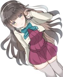 Rule 34 | 1girl, aqua bow, aqua bowtie, black hair, blazer, bow, bowtie, colored inner hair, dress, dutch angle, feet out of frame, gradient eyes, grey thighhighs, hairband, highres, jacket, kantai collection, long hair, multicolored eyes, multicolored hair, naganami (kancolle), naganami kai ni (kancolle), one-hour drawing challenge, pink hair, pleated dress, purple dress, redundant-cat, solo, standing, thighhighs, two-tone hair, wavy hair, white hairband, white jacket, yellow eyes