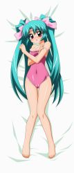 Rule 34 | 1990s (style), 1girl, absurdres, blush, cameltoe, canal vorfeed, competition school swimsuit, dakimakura (medium), full body, green hair, highres, lost universe, lying, one-piece swimsuit, pink one-piece swimsuit, purple eyes, ribbon, school swimsuit, solo, sugimura tomokazu, swimsuit, undressing