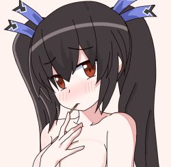 Rule 34 | annoyed, bare shoulders, black hair, food, leafy bow, long hair, neptune (series), noire (neptunia), pocky, red eyes, ribbon, tsundere, twintails, upper body, very long hair