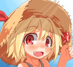 Rule 34 | 1girl, blonde hair, fang, hair ribbon, hat, hecchi (blanch), open mouth, red eyes, ribbon, rumia, short hair, smile, solo, touhou