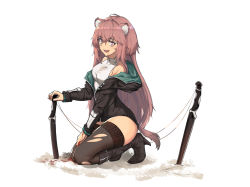Rule 34 | 1girl, animal ears, arknights, black footwear, black jacket, black thighhighs, blood, blood from mouth, blood on ground, blood on hands, boots, breasts, commentary request, covered collarbone, full body, gravel (arknights), hair between eyes, high heel boots, high heels, highres, infection monitor (arknights), injury, jacket, knee boots, kneeling, knife, long hair, long sleeves, looking at viewer, medium breasts, mouse ears, off shoulder, open mouth, pink hair, planted, planted knife, planted weapon, red eyes, shirt, simple background, sleeveless, sleeveless shirt, small breasts, smile, solo, tail, teeth, thighhighs, torn clothes, torn shirt, torn thighhighs, upper teeth only, vchan, weapon, white background, white shirt