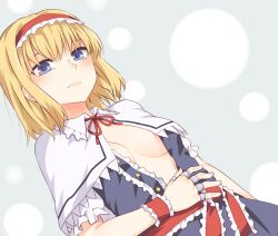 Rule 34 | 1girl, alice margatroid, blonde hair, blue dress, blue eyes, blush, breasts, capelet, commentary request, dress, frilled hairband, frills, grey background, hairband, highres, jewelry, lolita hairband, looking at viewer, medium breasts, miyo (ranthath), neck ribbon, open clothes, open dress, red hairband, red ribbon, red sash, ribbon, ring, sash, short hair, short sleeves, solo, touhou, upper body, white capelet, wrist cuffs