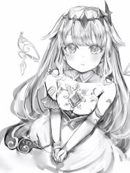 Rule 34 | 1girl, absurdres, bare shoulders, collarbone, detached collar, dress, greyscale, hair flaps, highres, hololive, hololive english, koseki bijou, koseki bijou (1st costume), light blush, long hair, looking at viewer, metal wings, monochrome, nanashi (nlo), own hands together, parted lips, simple background, solo, strapless, strapless dress, v arms, very long hair, virtual youtuber