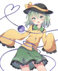 Rule 34 | 1girl, :d, amashi (qcmrq906), bad id, bad pixiv id, black hat, blush, bow, bowler hat, bright pupils, contrapposto, cowboy shot, floral print, frilled shirt collar, frilled skirt, frilled sleeves, frills, gem, green eyes, green hair, green skirt, hair between eyes, hat, hat bow, heart, heart of string, highres, komeiji koishi, legs apart, looking at viewer, medium skirt, open mouth, rose print, shirt, short hair, simple background, skirt, sleeves past fingers, sleeves past wrists, smile, solo, standing, tareme, third eye, touhou, white background, yellow bow, yellow shirt