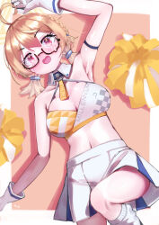 Rule 34 | 1girl, absurdres, armpits, blonde hair, blue archive, blush, breasts, carmi11la, cheerleader, glasses, highres, kotori (blue archive), large breasts, looking at viewer, lying, miniskirt, navel, pom pom (cheerleading), short hair, skirt, solo