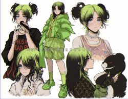 Rule 34 | 1girl, artist name, billie eilish, black hair, choker, clothes writing, commentary, criis-chan, danganronpa: trigger happy havoc, danganronpa (series), double bun, english commentary, fingernails, from side, green footwear, green hair, green nails, green socks, grey eyes, hair bun, hair over one eye, hands in pockets, holding, holding microphone, jacket, jewelry, kneehighs, long hair, long sleeves, looking at viewer, microphone, monokuma, multicolored clothes, multicolored hair, multicolored jacket, multiple views, nail polish, necklace, parted bangs, pink tank top, real life, ring, sharp fingernails, shirt, shorts, simple background, single hair bun, smile, socks, striped, tank top, twitter username, two-tone hair