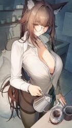 Rule 34 | 1girl, absurdres, animal ear fluff, blue eyes, blunt bangs, bra, breasts, brown hair, cleavage, closed mouth, coffee, coffee mug, commission, cup, hair between eyes, half-closed eyes, highres, holding kettle, kitchen, large breasts, long hair, long sleeves, marse (rokudaime), mole, mole on breast, mole under eye, mug, original, pantyhose, partially unbuttoned, round eyewear, sidelocks, skeb commission, solo, thighband pantyhose, underwear