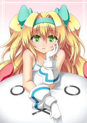 Rule 34 | 1girl, arm support, blazblue, blonde hair, bow, collarbone, gloves, green eyes, hair bow, highres, long hair, looking at viewer, open mouth, platinum the trinity, roura, solo, twintails, two side up, very long hair, white gloves