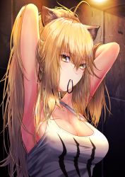 Rule 34 | absurdres, ahoge, animal ear fluff, animal ears, arknights, armpits, arms behind head, black hairband, blonde hair, breasts, cleavage, commentary request, eyebrows, hairband, highres, in mouth, indoors, large breasts, light, lion ears, long hair, looking at viewer, messy hair, sidelocks, siege (arknights), tank top, very long hair, white tank top, yellow eyes, yuki (xhep4488)