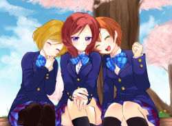 Rule 34 | &gt; &lt;, 10s, 3girls, :d, > <, bad id, bad pixiv id, bench, black socks, blazer, blue sky, brown hair, cherry blossoms, clenched hand, closed eyes, cloud, crossed legs, day, dress shirt, flower, frown, girl sandwich, grass, head on another&#039;s shoulder, hoshizora rin, jacket, kneehighs, knees together feet apart, koizumi hanayo, love live!, love live! school idol project, mikimo nezumi, multiple girls, necktie, nishikino maki, open mouth, orange hair, outdoors, own hands together, pantyhose, plaid, plaid skirt, pleated skirt, purple eyes, red hair, sandwiched, school uniform, shirt, short hair, sitting, skirt, sky, smile, socks, xd