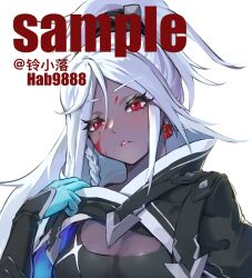 Rule 34 | 1girl, artist name, blood, blood on face, blue gloves, breasts, cleavage, cleavage cutout, clothing cutout, commentary, dark-skinned female, dark skin, dota (series), dota 2, drow ranger (dota), earrings, english commentary, gloves, jewelry, ling luo xi yang, long hair, looking at viewer, medium breasts, parted lips, ponytail, red eyes, sample watermark, simple background, solo, upper body, very long hair, watermark, white background, white hair
