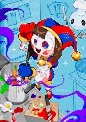 Rule 34 | !?, 137syou, 1girl, 1other, :d, @ @, apron, arm up, artist name, asymmetrical footwear, asymmetrical gloves, bad food, blood, bloody knife, blue eyes, blue footwear, blue gloves, blue headwear, blush stickers, bread, brown hair, bubble (the amazing digital circus), carrot, cheese, colored skin, confused, cooking, counter, cracked egg, cutting board, egg yolk, fish bone, food, food on face, glitch productions, gloves, hat, jester, jester cap, jester costume, kitchen, knife, maid apron, medium hair, mismatched footwear, mismatched gloves, open mouth, pasta, pomni (the amazing digital circus), potato, puffy short sleeves, puffy shorts, puffy sleeves, red eyes, red footwear, red gloves, red headwear, short sleeves, shorts, smile, solid oval eyes, sparkle, spatula, speech bubble, stove, sweatdrop, table, teeth, the amazing digital circus, tomato, tomato sauce, two-tone bodysuit, two-tone eyes, two-tone headwear, upper teeth only, white skin