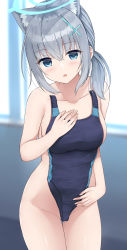 Rule 34 | 1girl, :o, animal ears, backlighting, blue archive, blue eyes, blue halo, blue one-piece swimsuit, blush, breasts, collarbone, competition swimsuit, covering privates, cowboy shot, cross, grey hair, hair ornament, halo, hand on own chest, highres, inverted cross, large breasts, looking at viewer, medium hair, mizunashi kenichi, nude cover, one-piece swimsuit, parted lips, shiroko (blue archive), shiroko (swimsuit) (blue archive), sideboob, solo, swimsuit, thighs, unworn swimsuit