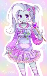 Rule 34 | 1girl, blue skin, candy, colored skin, crescent, decora, facial mark, fashion, food, frilled skirt, frills, hair ornament, hair scrunchie, hair tie, hairpin, harajuku fashion, hood, hoodie, humanization, lollipop, magical girl, multicolored background, my little pony, my little pony: equestria girls, my little pony: friendship is magic, nail polish, pastel colors, pink nails, polka dot, print shirt, purple eyes, scrunchie, shirt, side ponytail, sketch, skirt, socks, solo, sparkle, star (symbol), star facial mark, star hair ornament, sticker on face, striped clothes, striped thighhighs, thighhighs, torio (tumasakisamui), trixie lulamoon, tutu, wand, white hair