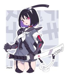 Rule 34 | 1girl, black hair, blush, choker, colored inner hair, commentary request, cowboy shot, cropped legs, cyborg, garter straps, grey panties, grey sweater vest, hairband, highres, holding, holding sword, holding weapon, looking at viewer, mechanical arms, mechanical parts, mechanical sword, mudou eichi, multicolored hair, neckerchief, no pants, open mouth, original, panties, prosthesis, prosthetic arm, purple hair, red choker, red eyes, sailor collar, shirt, short hair, sketch, solo, sweater vest, sword, two-tone hair, underwear, weapon, white neckerchief, white shirt