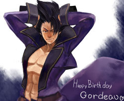Rule 34 | 1boy, abs, artist request, black hair, character name, fabulous, gordeau, hands in hair, happy birthday, high collar, highres, long coat, male focus, one eye closed, pectorals, topless male, short hair, solo, under night in-birth