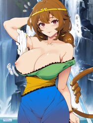 Rule 34 | 1girl, absurdres, breasts, brown hair, circlet, dress, hekiga (freelot), highres, large breasts, looking at viewer, low twintails, medium hair, monkey tail, multicolored clothes, multicolored dress, nipples, one breast out, red eyes, solo, son biten, standing, sweat, tagme, tail, touhou, twintails, twitter username, unfinished dream of all living ghost, water, waterfall