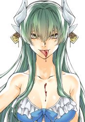Rule 34 | 1girl, arm at side, bare arms, bare shoulders, bikini, bikini top only, blood, blood on chest, blue bikini, blue bow, blue bowtie, bow, bowtie, breasts, dragon horns, eyelashes, fate/grand order, fate (series), frilled bikini, frilled bikini top, frills, green eyes, green hair, hair between eyes, hand up, highres, horns, kiyohime (fate), kiyohime (fate/grand order), kiyohime (swimsuit lancer) (fate), kiyohime (swimsuit lancer) (third ascension) (fate), kofunami nana, large breasts, long hair, looking at viewer, multiple horns, slit pupils, solo, swimsuit, tongue, tongue out, upper body