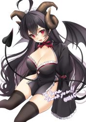 Rule 34 | 1girl, ahoge, black hair, black thighhighs, blush, bow, brown horns, clothing cutout, commission, crop top, demon girl, demon horns, demon tail, demon wings, fang, frilled sleeves, frills, grey background, hair between eyes, highres, horns, long hair, maid headdress, multicolored hair, multiple horns, open mouth, original, purple hair, red bow, red eyes, sentouryoku 5, shiny skin, simple background, skeb commission, skin fang, skindentation, sleeves past wrists, solo, tail, thighhighs, tongue, two-tone hair, wings