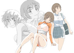 Rule 34 | 1girl, arm support, ayase fuuka, bra, brown eyes, brown hair, clothes lift, cropped legs, cropped torso, dress shirt, expressionless, feet out of frame, hamazaki hideki, highres, long sleeves, looking at viewer, looking to the side, midriff, multiple views, navel, orange bra, plaid, plaid skirt, pleated skirt, school uniform, see-through, see-through shirt, shirt, shirt lift, short hair, short sleeves, simple background, sitting, sketch, skirt, smile, sweat, tank top, underwear, white background, white shirt, yotsubato!