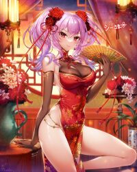 Rule 34 | 1girl, bare shoulders, black gloves, blush, breasts, china dress, chinese clothes, closed mouth, commission, covered navel, desk, dragon print, dress, elbow gloves, folding fan, gloves, hair ribbon, hand fan, holding, holding fan, large breasts, leg up, looking at viewer, munlu (wolupus), original, pelvic curtain, phantasy star, phantasy star online 2, print dress, purple hair, red dress, red eyes, red ribbon, ribbon, side slit, skeb commission, solo, tassel, twintails, vase