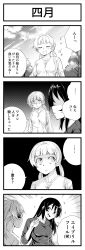 Rule 34 | 2girls, 4koma, :3, :d, puff of air, bird, blunt bangs, blush, closed eyes, comic, dove, emphasis lines, erikku (kata235), greyscale, highres, monochrome, multiple girls, open mouth, original, profile, shaded face, smile, smug, translation request, troll face, turn pale, twintails, v