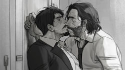 Rule 34 | 2boys, beard, blazer, cheetahman (1ddghfr78cswc), chest hair, disco elysium, eye contact, facial hair, from side, goatee, greyscale, harry du bois, highres, imminent kiss, jacket, jean vicquemare, looking at another, male focus, monochrome, multiple boys, mustache, mutton chops, necktie, open clothes, open shirt, shirt, short hair, sweat, upper body, yaoi