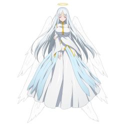 Rule 34 | 10s, 1girl, accel world, angel, angel wings, blush, breasts, closed eyes, dress, duel avatar, feathered wings, female focus, floating hair, full body, grey hair, halo, large breasts, long hair, metatron (accel world), multiple wings, official art, shiny clothes, simple background, solo, very long hair, white background, white dress, white wings, wings
