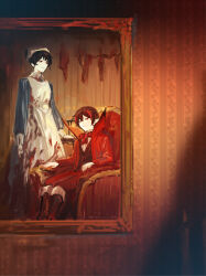 Rule 34 | 1boy, 1girl, apron, armchair, blood, blood on clothes, blue dress, bow, bowtie, brown hair, chair, closed mouth, coat, dress, elena (project moon), head scarf, highres, library of ruina, long sleeves, looking at viewer, looking to the side, multicolored hair, nishikujic, nosferatu (project moon), painting (object), picture frame, project moon, puffy long sleeves, puffy sleeves, red bow, red bowtie, red coat, red hair, red vest, sitting, smile, streaked hair, table, vest, white apron