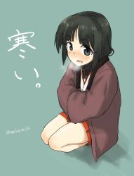 Rule 34 | 1girl, black eyes, black hair, blue background, blush, breath, cold, crossed arms, hanten (clothes), highres, inagaki mami, japanese clothes, looking at viewer, makaze (t-junction), open mouth, seiza, short hair, simple background, sitting, sketch, solo, strike witches, translated, twitter username, world witches series