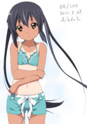 Rule 34 | 10s, 1girl, 2011, :&lt;, bikini, bikini top only, black hair, brown eyes, crossed arms, dated, errant, hair between eyes, k-on!, long hair, looking at viewer, nakano azusa, navel, one-piece tan, shorts, solo, standing, swimsuit, tan, tanline, twintails