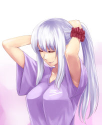 Rule 34 | 1girl, arms up, breasts, closed mouth, facing viewer, hair between eyes, hands up, ishii hisao, kantai collection, large breasts, long hair, ponytail, purple background, unworn scrunchie, short sleeves, shoukaku (kancolle), sidelocks, smile, solo, tying hair, upper body, very long hair, white hair, wide sleeves