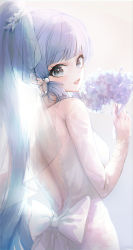 Rule 34 | 1girl, ayaka (genshin impact), blue hair, breasts, bridal veil, dress, from behind, genshin impact, grey eyes, hand fan, highres, holding, holding fan, long hair, long sleeves, looking at viewer, medium breasts, open mouth, pistachiocream, ponytail, solo, veil, wedding dress, white dress, white sleeves