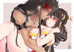 Rule 34 | 1boy, 1girl, ara haan, ara han, bare shoulders, biowan, black hair, breasts, couple, earrings, elsword, face-to-face, grin, hair ornament, hairpin, hetero, hug, jewelry, large breasts, long hair, looking at another, mechanical arms, multicolored hair, necklace, partially undressed, raven cronwell, red hair, scar, scar on chest, scar on face, sidelocks, single mechanical arm, smile, streaked hair, thighs, toned, toned male, two-tone hair, veteran commander (elsword), yama raja (elsword), yellow eyes