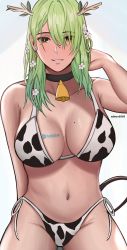 Rule 34 | 1girl, absurdres, animal print, antlers, bad id, bad pixiv id, bare arms, bell, bikini, black choker, branch, breasts, ceres fauna, choker, cow print, cow print bikini, cowbell, earrings, edmun6969, flower, green hair, groin, hair between eyes, hair flower, hair ornament, highres, hololive, hololive english, horns, jewelry, large breasts, leaf, long hair, looking at viewer, mole, mole on breast, mole under eye, navel, neck bell, parted lips, print bikini, side-tie bikini bottom, sitting, solo, stomach, swimsuit, virtual youtuber, wavy hair, white flower, yellow eyes