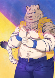 Rule 34 | 1boy, abs, absurdres, adjusting wristband, animal ears, bara, bare pectorals, bulge, commission, daisukebear, denim, forked eyebrows, furry, furry male, highres, hood, hood down, hooded jacket, jacket, jeans, looking at viewer, male focus, muscular, muscular male, navel, navel hair, nipples, open clothes, open fly, open jacket, original, pants, pectorals, short hair, smile, solo, stomach, strongman waist, tail, thick eyebrows, thick thighs, thighs, tiger boy, tiger ears, tiger tail, white fur