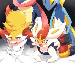 Rule 34 | 2boys, 2girls, all fours, animal ear fluff, animal ears, animal feet, animal hands, animal nose, bed sheet, black fur, black skin, blue fur, blue skin, blush, body fur, braixen, bright pupils, buck teeth, cinderace, closed eyes, closed mouth, colored skin, creatures (company), crossed arms, drooling, fang, flat chest, fox ears, fox girl, fox tail, furry, furry female, furry male, furry with furry, game freak, gen 6 pokemon, gen 8 pokemon, greninja, half-closed eyes, heart, heart in mouth, hetero, highres, inteleon, interspecies, licking lips, long tongue, motion lines, multiple boys, multiple girls, neck fur, nintendo, nose blush, open mouth, pokemon, pokemon (creature), pokephilia, rabbit ears, rabbit girl, rabbit tail, red eyes, red fur, red hair, reptile boy, saliva, sex, sex from behind, short hair, snout, subaru331, sweat, tail, tears, teeth, tongue, tongue out, trembling, waist grab, white fur, white pupils, wide-eyed, yellow fur, yellow skin