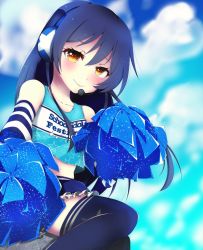 Rule 34 | 1girl, artist request, bad id, bad pixiv id, bare shoulders, blue hair, blush, cheerleader, commentary request, day, elbow gloves, gloves, hair between eyes, headset, highres, long hair, looking at viewer, love live!, love live! school idol festival, love live! school idol project, midriff, pom pom (cheerleading), sitting, skirt, sky, smile, solo, sonoda umi, star (symbol), takaramonozu, thighhighs, yellow eyes
