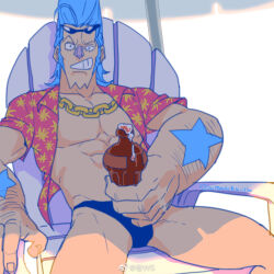 Rule 34 | 1boy, abs, arm hair, bara, bare back, beckoning, blue hair, blue male swimwear, chain necklace, cola, eyewear on head, feet out of frame, foam, franky (one piece), grin, hawaiian shirt, highres, jewelry, killuaz1130, large hands, large pectorals, male focus, male swimwear, manspreading, muscular, muscular male, necklace, one piece, open clothes, open shirt, oversized forearms, oversized limbs, pectorals, raised eyebrow, shirt, sitting, smile, solo, sunglasses, swim briefs, thighs