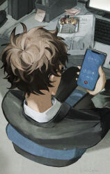 Rule 34 | 1boy, absurdres, black hair, black pants, business suit, cellphone, chair, collared shirt, formal, glasses, hand up, highres, holding, holding phone, indoors, kottontsukki, long hair, long sleeves, looking at object, looking at phone, looking down, male focus, matsuda jinpei, meitantei conan, office, office chair, pants, phone, shirt, sitting, smartphone, solo, suit, swivel chair, white shirt