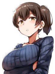 Rule 34 | 1girl, alternate costume, bad id, bad pixiv id, belko, blue sweater, breasts, brown eyes, brown hair, crossed arms, from below, hair between eyes, kaga (kancolle), kantai collection, large breasts, looking at viewer, short hair, side ponytail, simple background, solo, striped clothes, striped sweater, sweater, white background