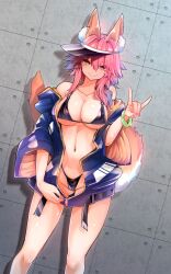 Rule 34 | 1girl, absurdres, animal ears, bangle, bare shoulders, belt, bikini, black belt, black bikini, blue jacket, blue wristband, bracelet, breasts, cleavage, closed mouth, collarbone, fang, fate/extra, fate (series), fingernails, fox ears, fox girl, fox shadow puppet, fox tail, gluteal fold, gradient hair, groin, hair between eyes, hair intakes, highleg, highleg bikini, highres, jacket, jewelry, knees, large breasts, legs, long sleeves, looking at viewer, multicolored hair, nail polish, navel, open belt, open clothes, open jacket, pink hair, pink nails, skin fang, smile, solo, standing, stomach, swimsuit, tail, tamamo (fate), tamamo no mae (fate/extra), thighs, unzipping, visor cap, wide sleeves, wisespeak, yellow eyes