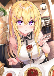 Rule 34 | 1girl, :t, ahoge, bare arms, bare shoulders, basket, blonde hair, blush, bread, breasts, brick wall, buttons, ceiling light, chair, closed mouth, collared shirt, commentary request, cu-no, cup, dress shirt, eating, fingernails, fisheye, food, food on face, frills, hair between eyes, hair ornament, hairclip, hakurei botan, head tilt, hisen kaede, holding, holding food, holding spoon, indoors, large breasts, long hair, looking at viewer, on chair, pasta, picture frame, pizza, plant, plate, potted plant, purple eyes, saucer, shirt, sidelocks, sitting, sleeveless, sleeveless shirt, solo, spaghetti, spoon, table, teacup, very long hair, white shirt, wooden floor, wristband