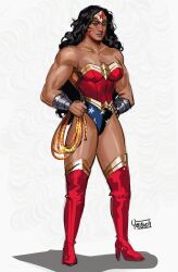 Rule 34 | 1girl, absurdres, bare shoulders, black hair, blue eyes, boots, bracer, breasts, cleavage, dc comics, earrings, high heel boots, high heels, highres, holding lasso, jewelry, large breasts, lasso, lasso of truth, leotard, long hair, looking at viewer, muscular, muscular female, red footwear, simple background, smile, solo, star (symbol), star earrings, thighs, tiara, weapon, wonder woman, yen (yenyenyen19)