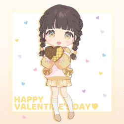 Rule 34 | 1girl, :d, black hair, blunt bangs, blush stickers, braid, candy, chibi, chocolate, chocolate heart, food, fur collar, fur sleeves, hair bobbles, hair ornament, happy valentine, heart, heart-shaped pupils, highres, holding, holding chocolate, holding food, hood, hoodie, loafers, long hair, looking at viewer, mameyanagi, open mouth, original, plaid, plaid skirt, pleated skirt, pom pom (clothes), pom pom hair ornament, shoes, skirt, smile, socks, solo, symbol-shaped pupils, twin braids, valentine, yellow eyes