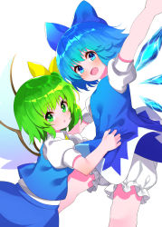 Rule 34 | 2girls, ascot, bloomers, blue bow, blue eyes, blue hair, blue skirt, blue vest, blush, bow, breasts, cirno, collared shirt, daiyousei, dress, fairy wings, green eyes, green hair, hair between eyes, hair bow, highres, ice, ice wings, looking at viewer, multiple girls, open mouth, pinafore dress, puffy short sleeves, puffy sleeves, ribbon, shirt, short hair, short sleeves, side ponytail, skirt, sleeveless dress, small breasts, touhou, underwear, vest, white shirt, wings, yellow ascot, yellow ribbon, yuujin (yuzinn333)
