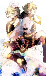 Rule 34 | 1boy, 1girl, black shorts, black socks, blonde hair, bow, brother and sister, closed eyes, detached sleeves, from side, hair bow, headphones, kagamine len, kagamine rin, kneehighs, manako (manatera), necktie, open mouth, school uniform, serafuku, shirt, short hair, short shorts, short sleeves, shorts, siblings, sleeveless, sleeveless shirt, socks, twins, vocaloid, white background, white bow, white shirt, yellow necktie