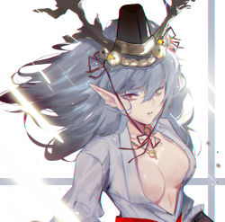 Rule 34 | 1girl, black hat, blue sky, breasts, brown hair, chin strap, chinese commentary, chromatic aberration, cleavage, commentary request, hat, highres, horn bell, horns, jewelry, long hair, looking at viewer, medium breasts, necklace, onmyoji, open clothes, open shirt, papa (839171447), photoshop (medium), pointy ears, shirt, sky, solo, suzuka gozen (onmyoji), upper body, white background, white shirt
